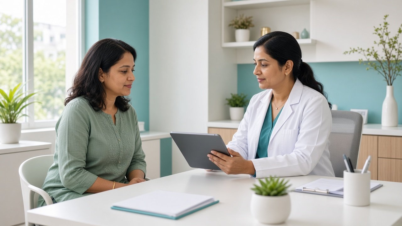 Gynecologist consulting a woman about breast health at Samanwi Clinics in Saroornagar, Hyderabad