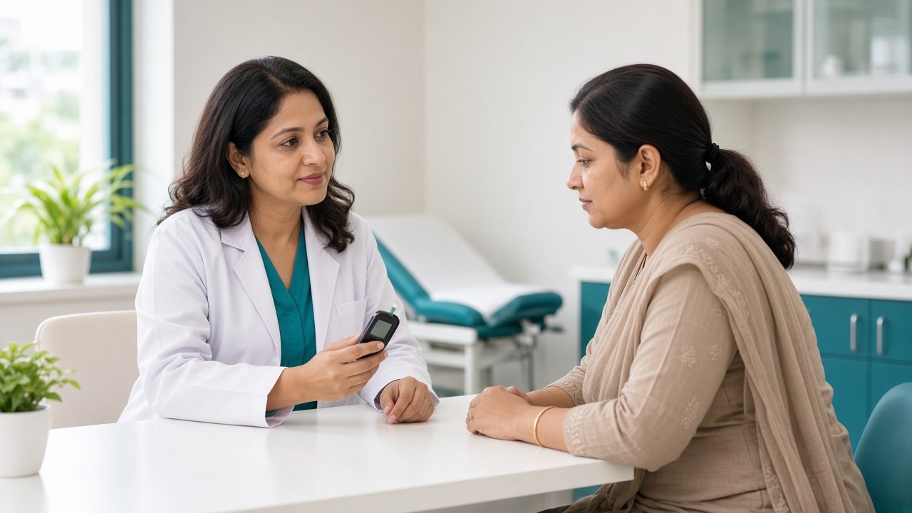 Gynecologist reviewing blood sugar with a woman patient at Samanwi Clinics, Hyderabad