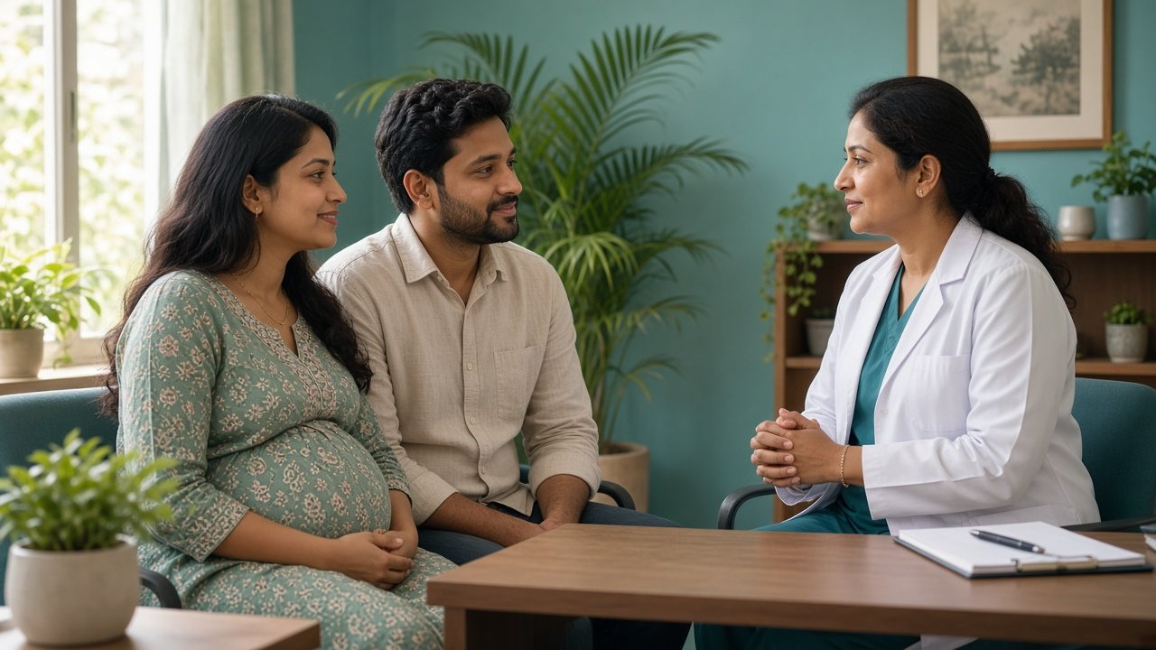 Pregnant woman and her partner at a first prenatal visit with an obstetrician at Samanwi Clinics, Hyderabad