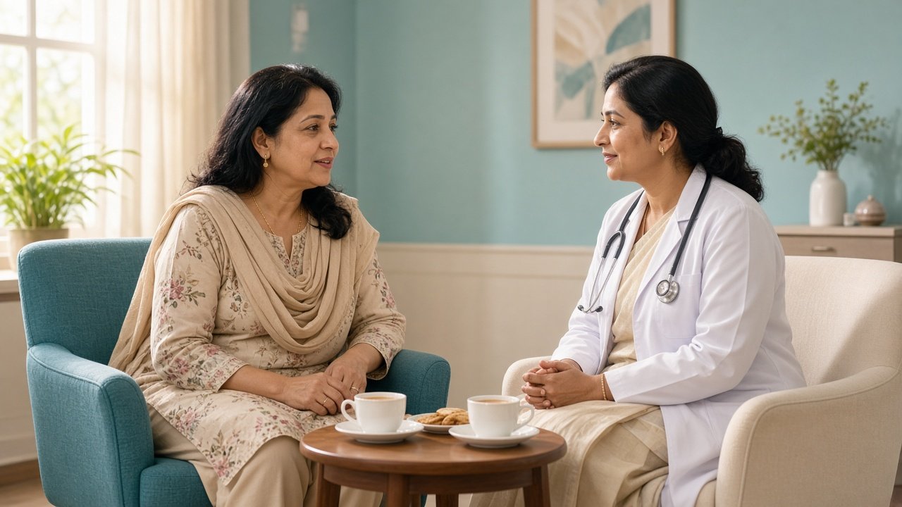 Woman discussing menopause symptoms with a gynecologist at Samanwi Clinics, Hyderabad