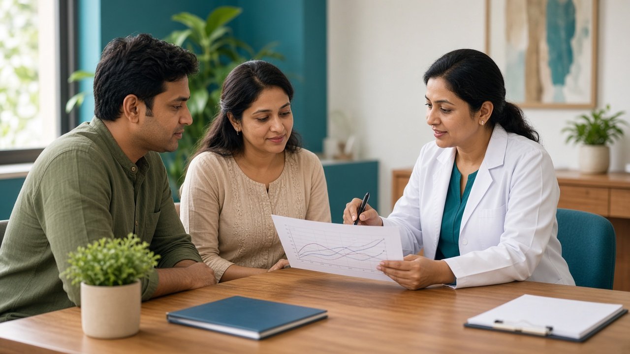 Couple discussing PCOS and fertility with a gynecologist at Samanwi Clinics, Hyderabad
