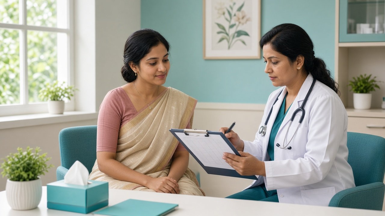 Woman discussing a pre-wedding health check with a gynecologist at Samanwi Clinics, Hyderabad